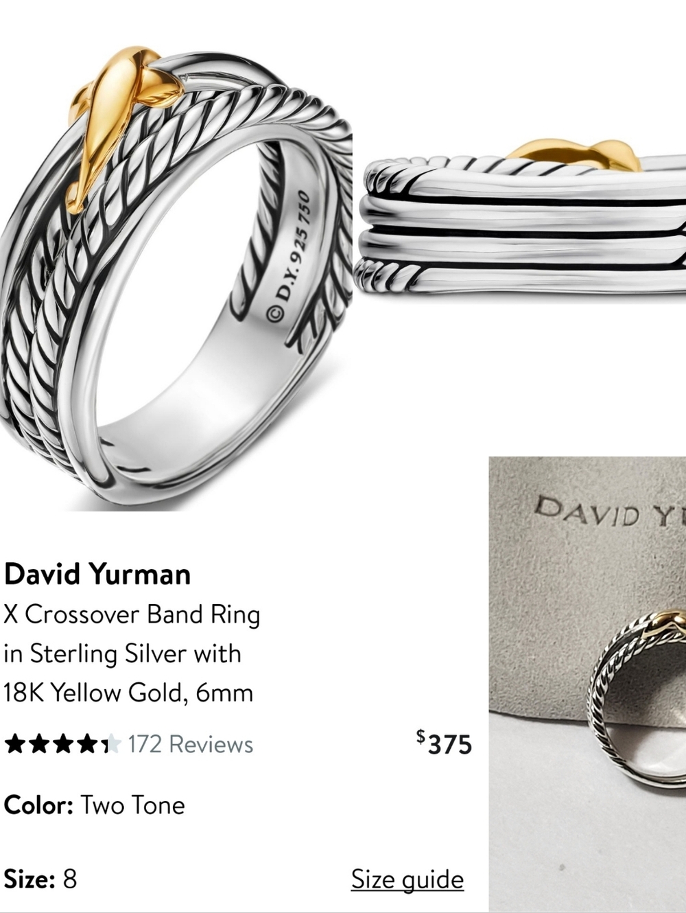 David Yurman Cable Ring with Yellow Gold X Accent. # 005